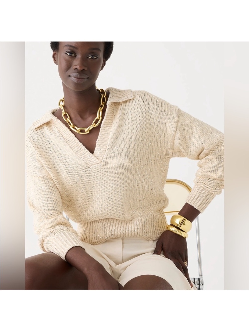 J. Crew Women's Cream V-Neck Collared Knit Sequin Sweater